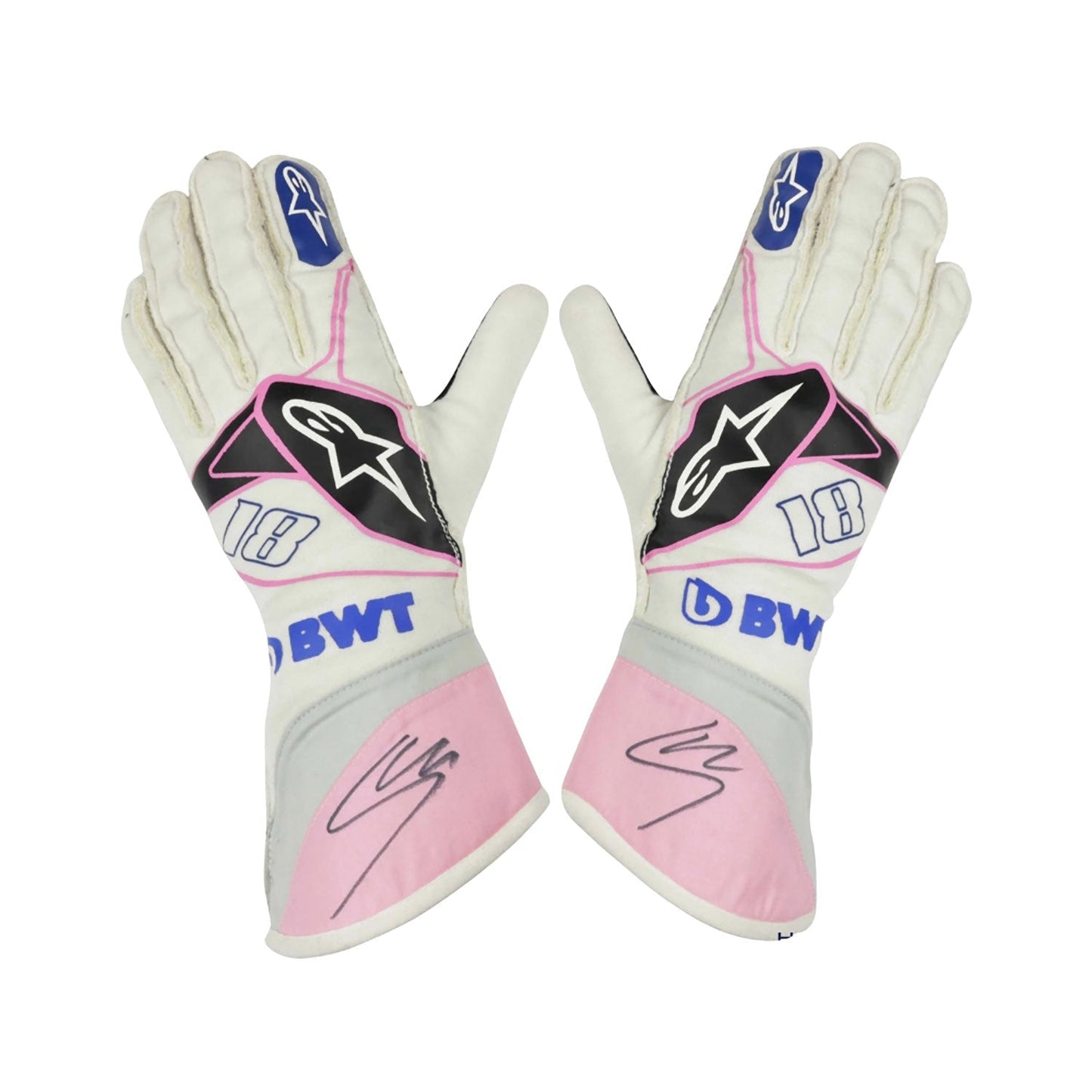 Pink Lance Stroll 2019 Racing Point F1 Race Gloves laid flat, front view, showing the full racing design and replica stitching