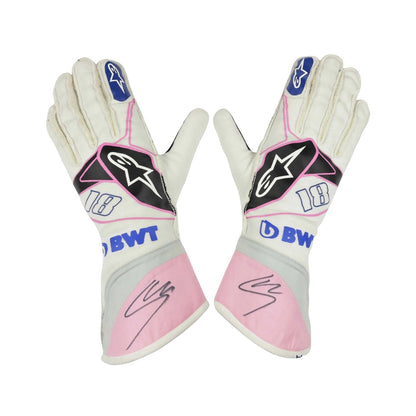 Pink Lance Stroll 2019 Racing Point F1 Race Gloves laid flat, front view, showing the full racing design and replica stitching