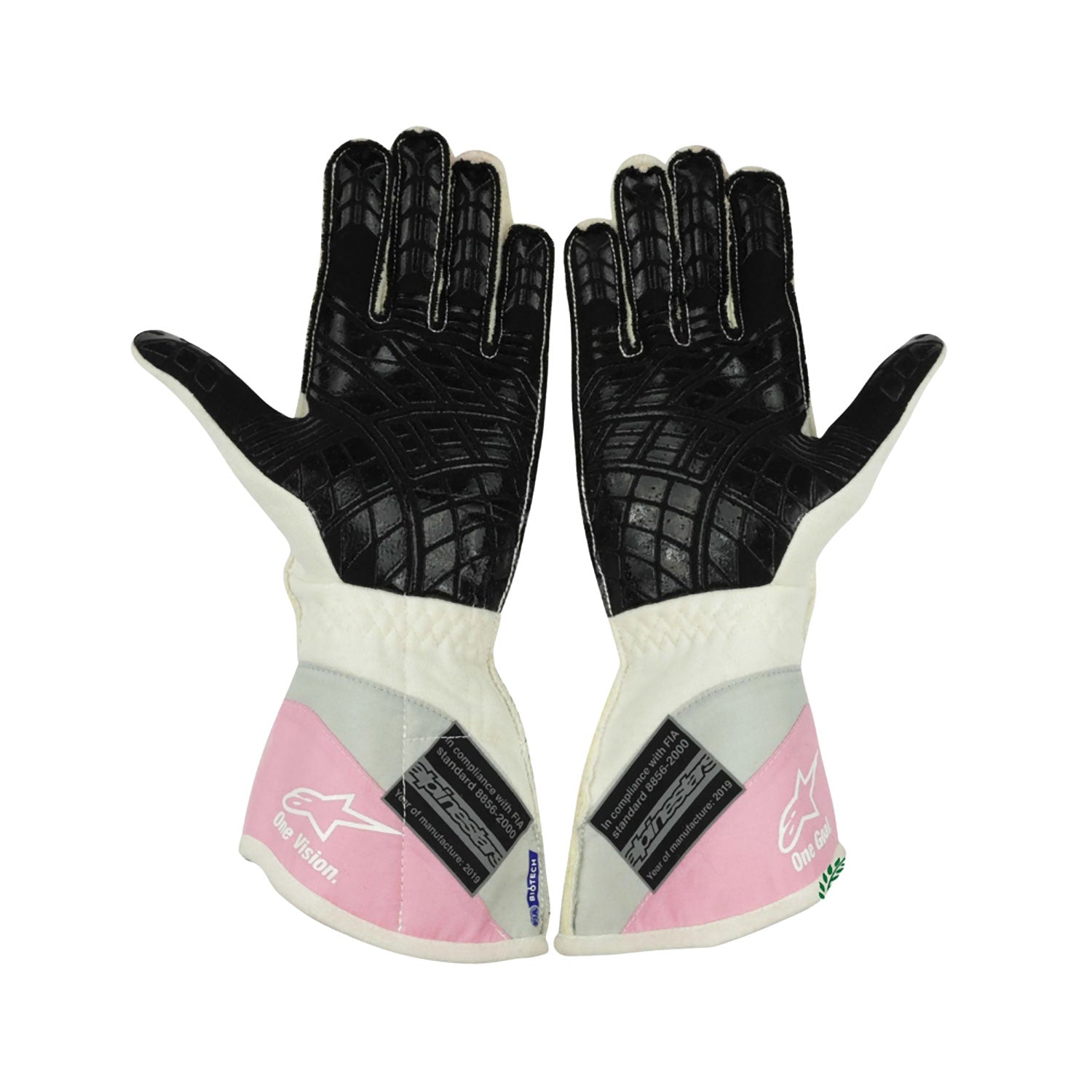 Pink Lance Stroll 2019 Racing Point F1 Race Gloves shown side-on, highlighting the wrist strap and grip texture for grand prix use