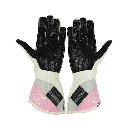 Pink Lance Stroll 2019 Racing Point F1 Race Gloves shown side-on, highlighting the wrist strap and grip texture for grand prix use
