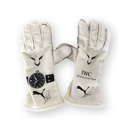 White Lewis Hamilton 2019 Mercedes F1 Race Gloves laid flat, front view, showing the full racing design and replica stitching
