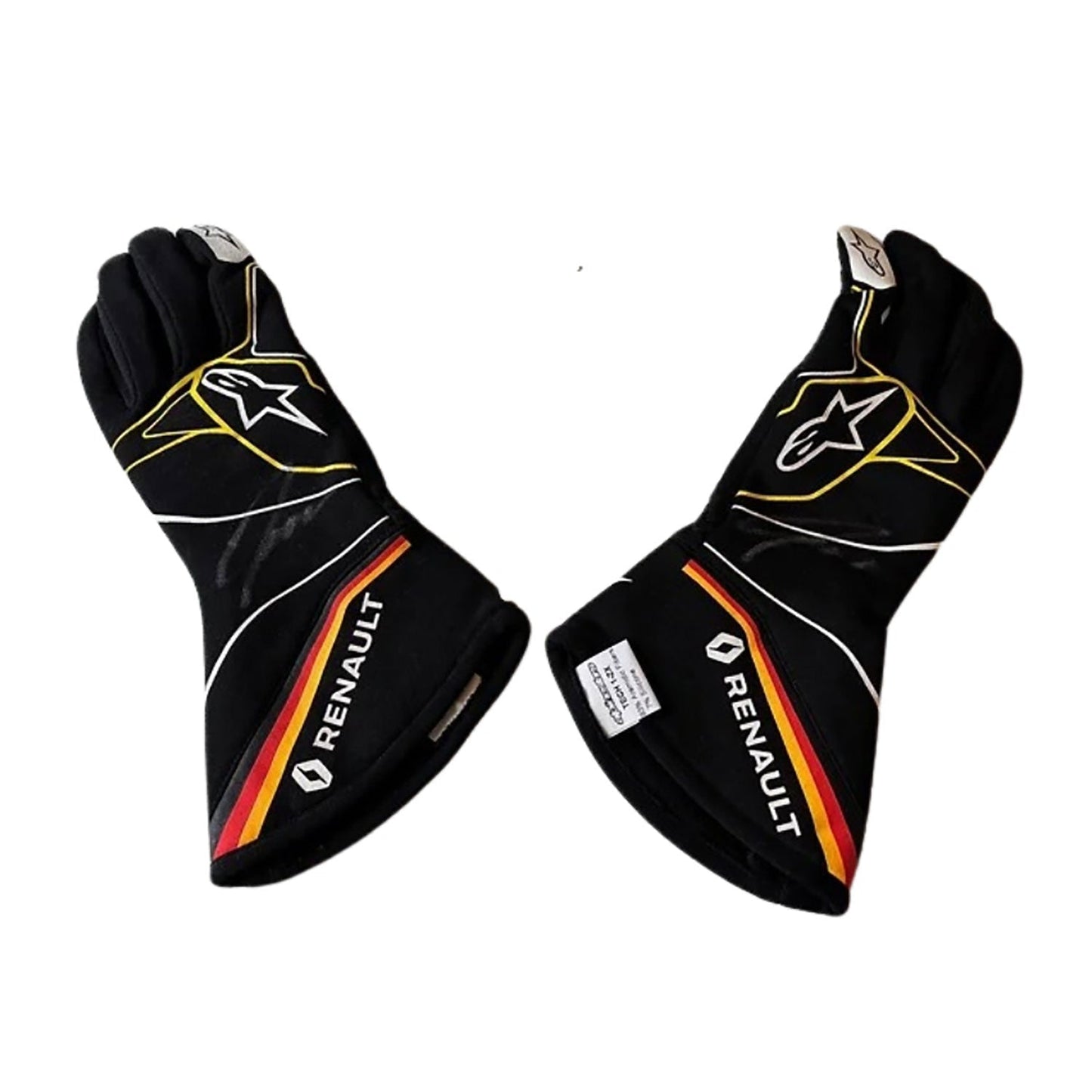 Black Nico Hülkenberg 2019 Renault F1 Race Gloves laid flat, front view, showing the full racing design and replica stitching