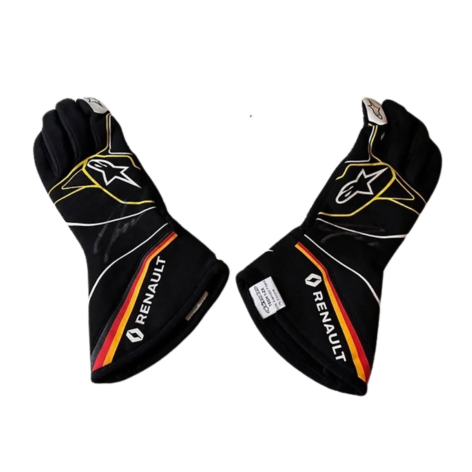 Black Nico Hülkenberg 2019 Renault F1 Race Gloves laid flat, front view, showing the full racing design and replica stitching