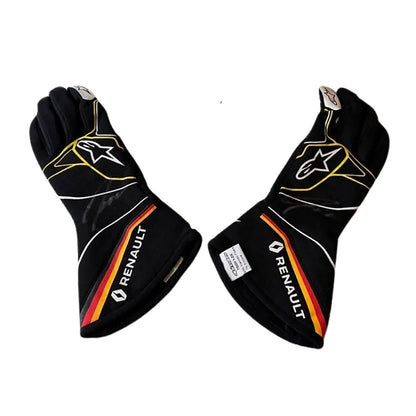Black Nico Hülkenberg 2019 Renault F1 Race Gloves laid flat, front view, showing the full racing design and replica stitching
