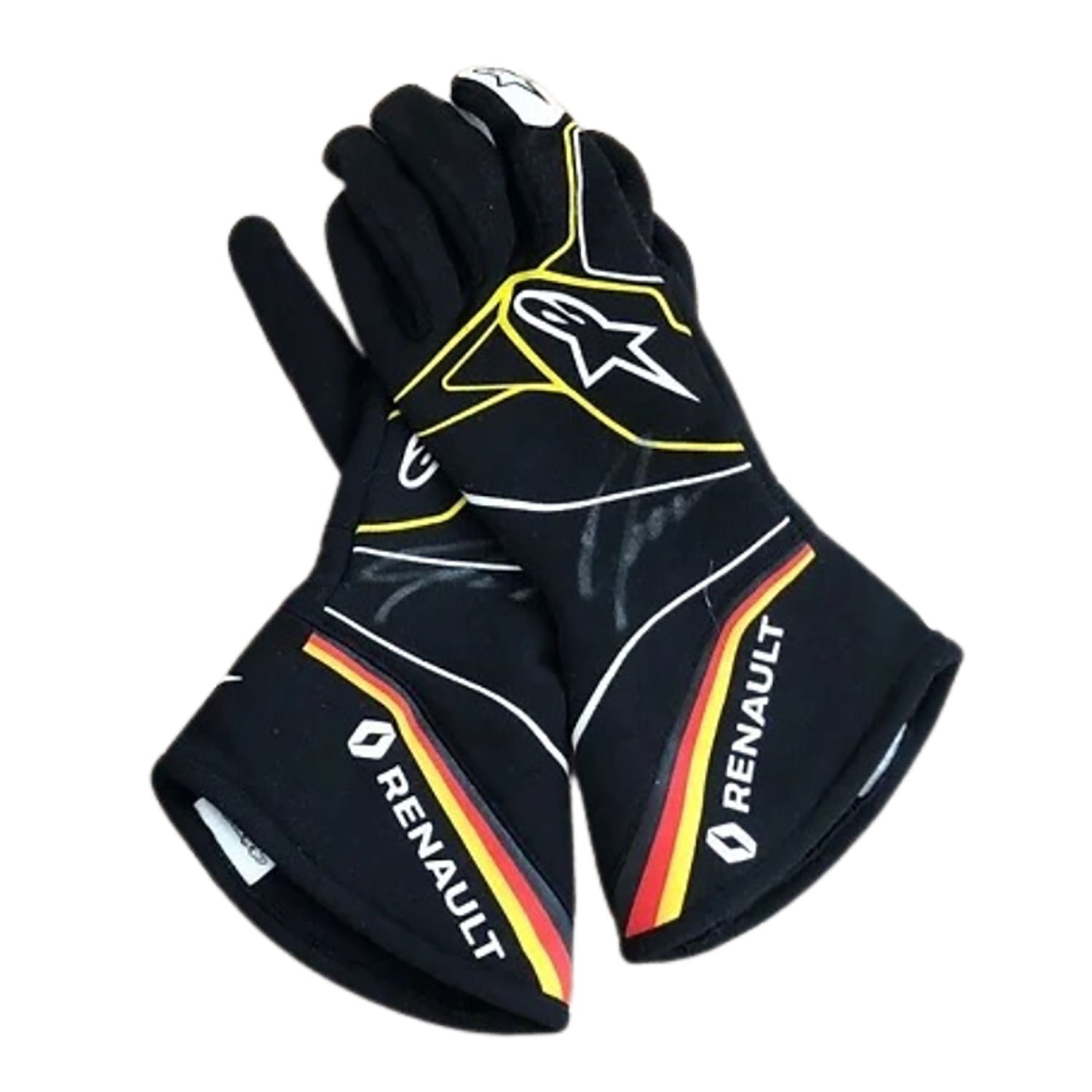 Black Nico Hülkenberg 2019 Renault F1 Race Gloves in close-up detail, showing the palm grip pattern used in GP racing conditions