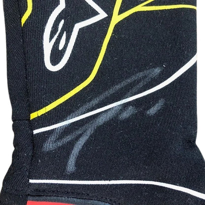 Black Nico Hülkenberg 2019 Renault F1 Race Gloves laid flat, front view, showing the full racing design and replica stitching