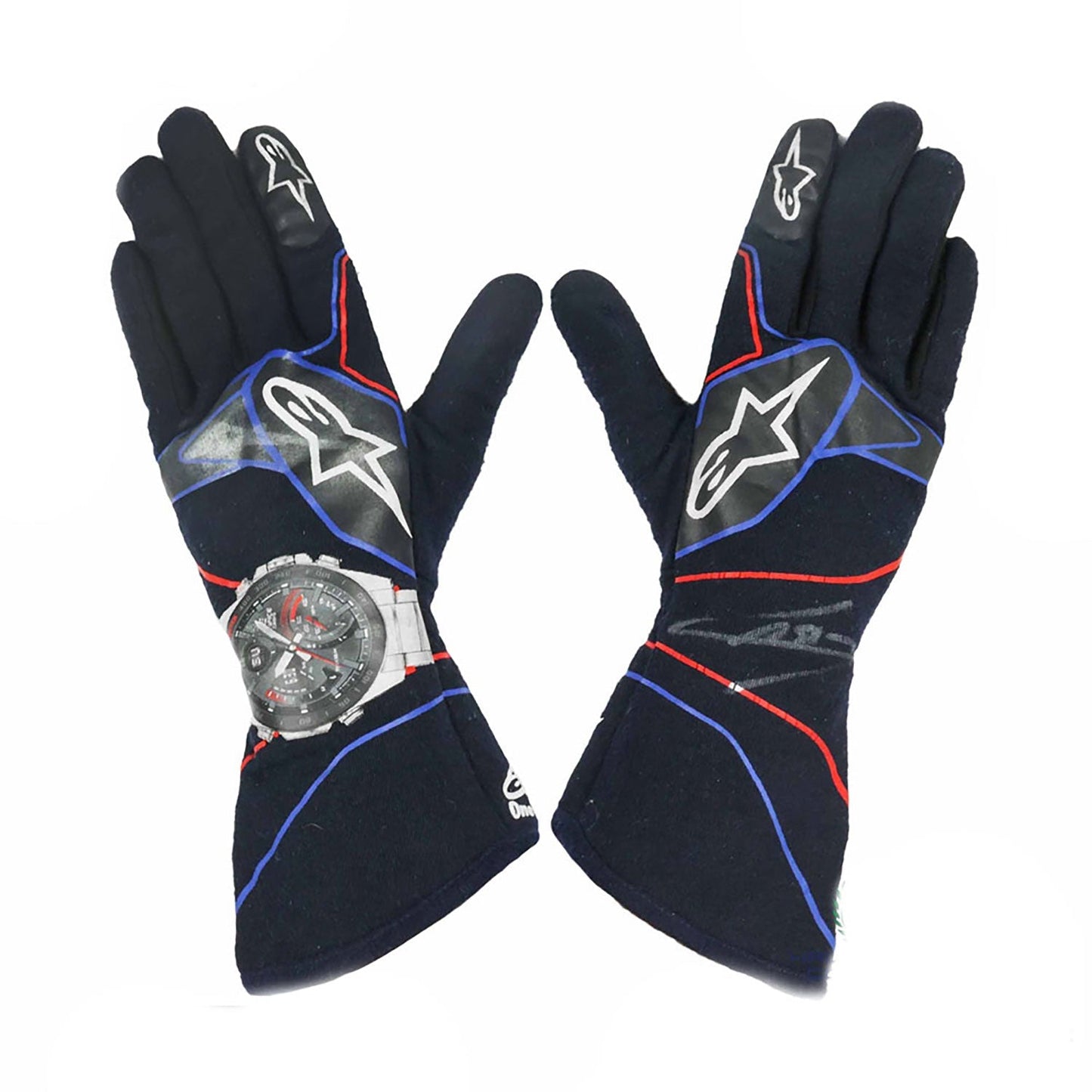 Black Pierre Gasly 2019 Toro Rosso F1 Replica Race Gloves laid flat, front view, showing the full racing design and replica stitching