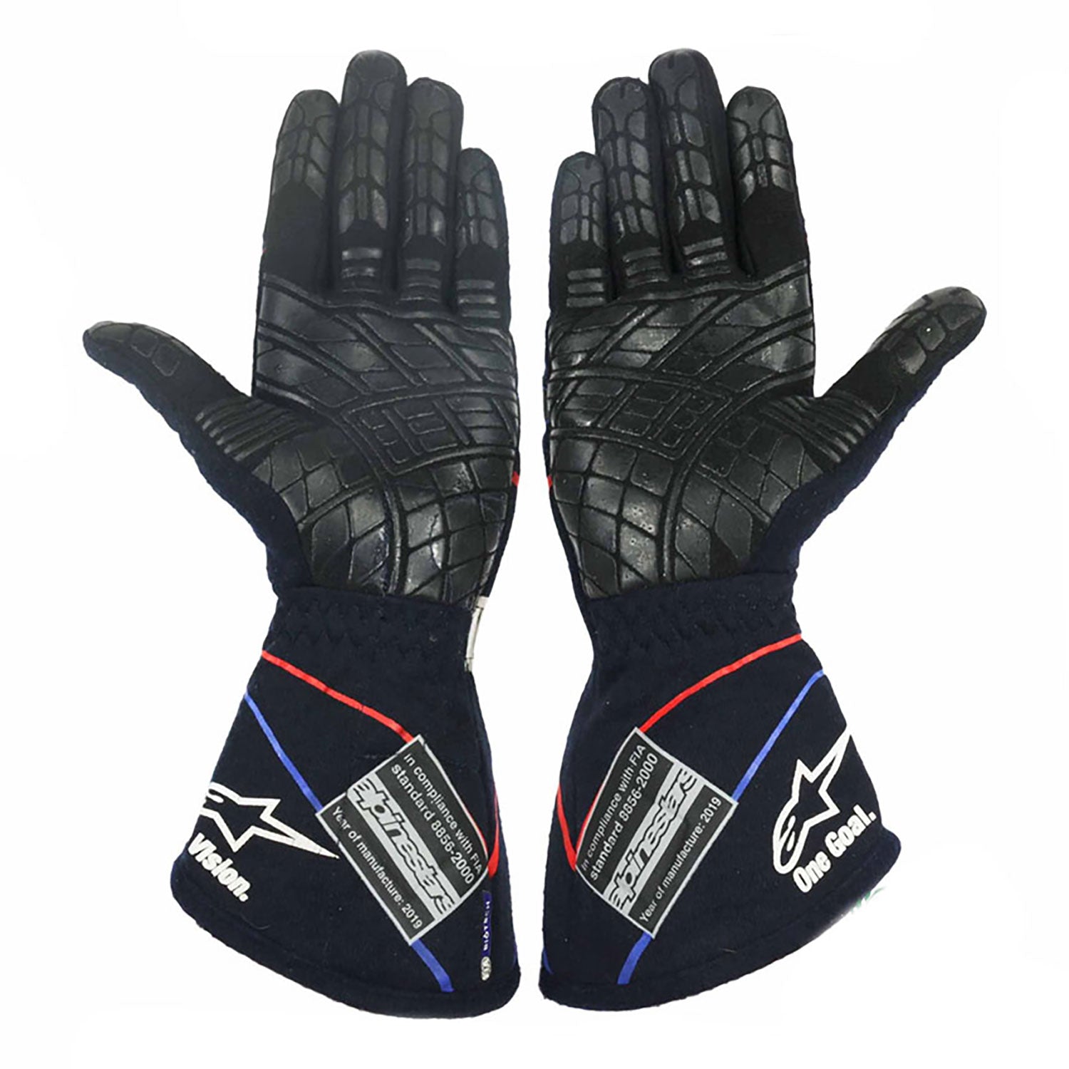 Black Pierre Gasly 2019 Toro Rosso F1 Replica Race Gloves shown side-on, highlighting the wrist strap and grip texture for grand prix use