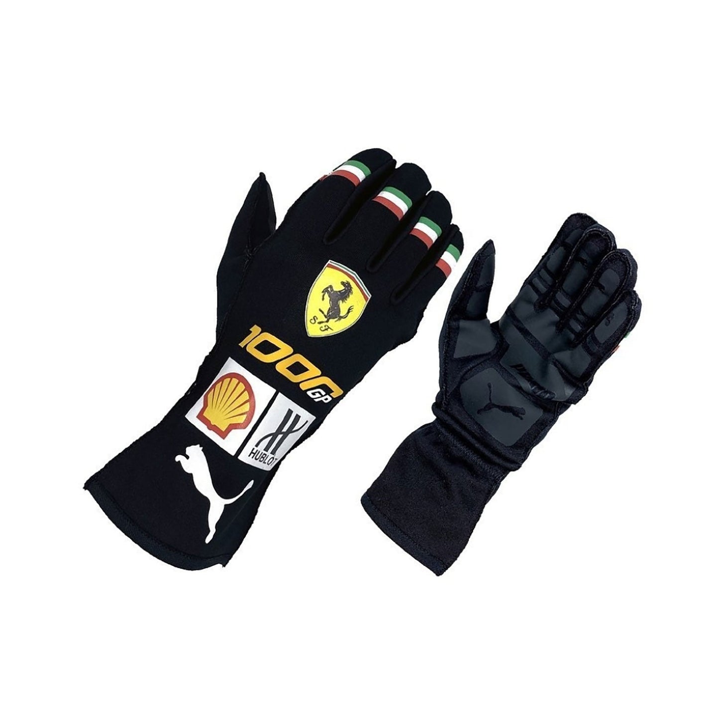 Black Charles Leclerc 2020 Ferrari 1000 GP F1 Race Gloves laid flat, front view, showing the full racing design and replica stitching
