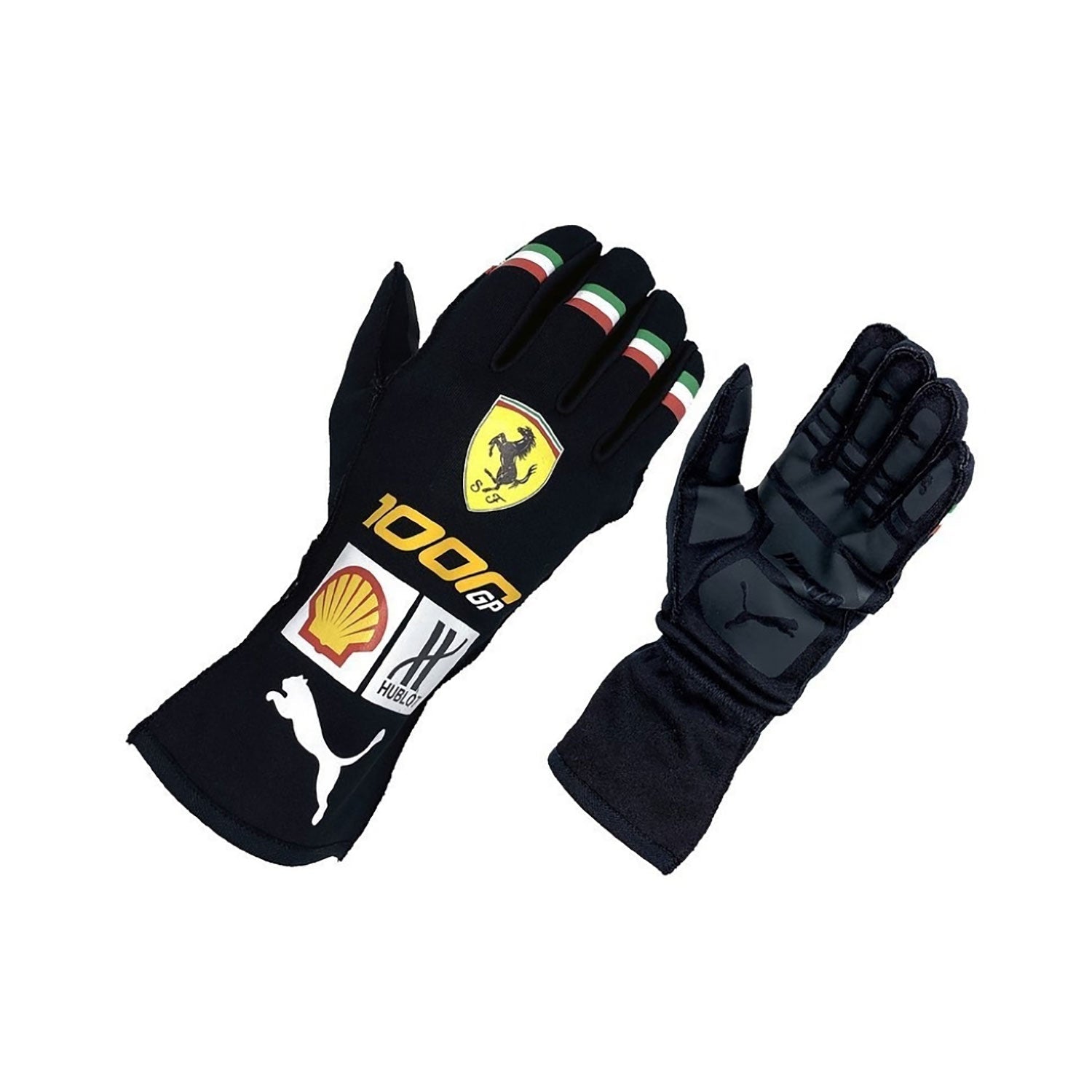 Black Charles Leclerc 2020 Ferrari 1000 GP F1 Race Gloves laid flat, front view, showing the full racing design and replica stitching