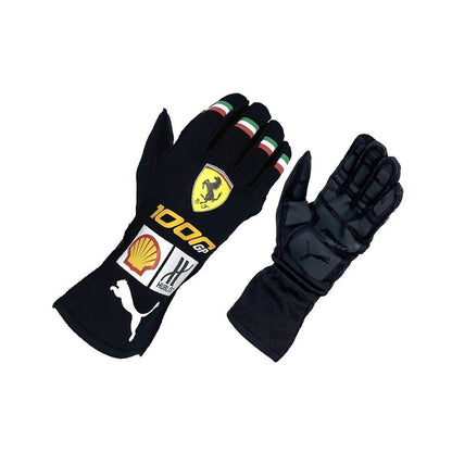 Black Charles Leclerc 2020 Ferrari 1000 GP F1 Race Gloves laid flat, front view, showing the full racing design and replica stitching
