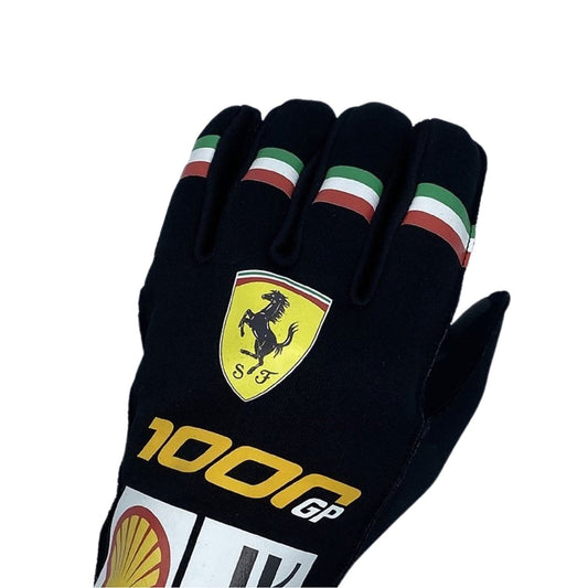 Black Charles Leclerc 2020 Ferrari 1000 GP F1 Race Gloves laid flat, front view, showing the full racing design and replica stitching