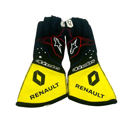 Yellow Daniel Ricciardo 2020 Renault F1 Race Gloves laid flat, front view, showing the full racing design and replica stitching
