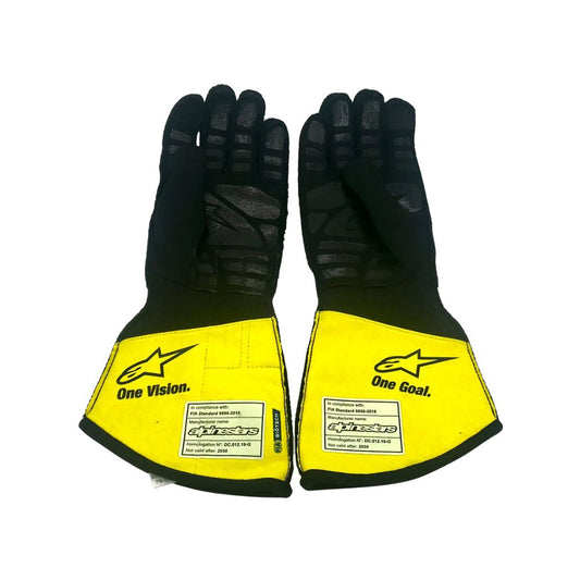 Yellow Daniel Ricciardo 2020 Renault F1 Race Gloves laid flat, front view, showing the full racing design and replica stitching
