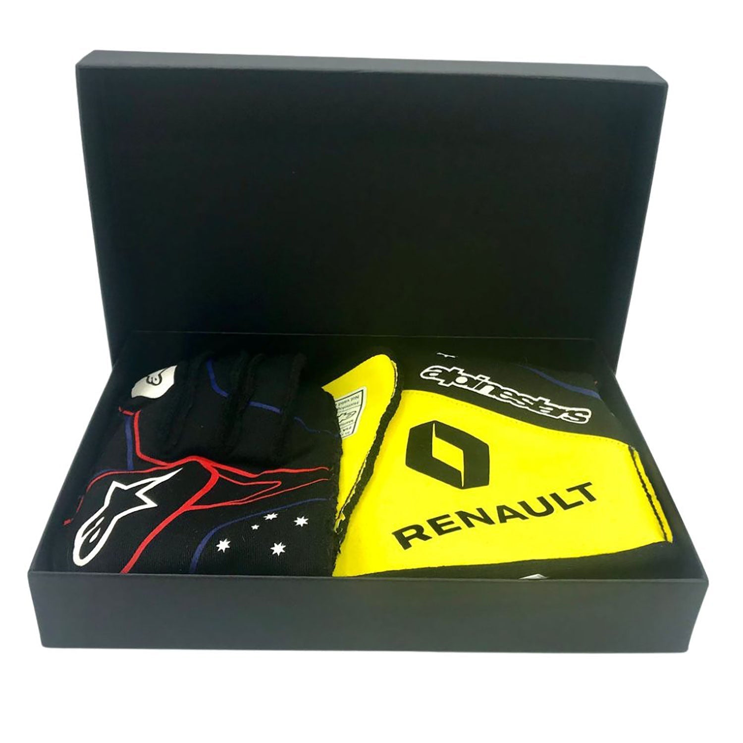 Yellow Daniel Ricciardo 2020 Renault F1 Race Gloves laid flat, front view, showing the full racing design and replica stitching