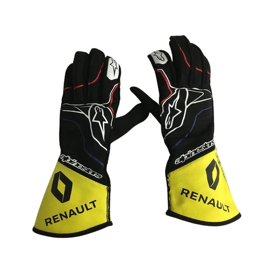 Yellow Esteban Ocon 2020 Renault F1 Race Gloves laid flat, front view, showing the full racing design and replica stitching