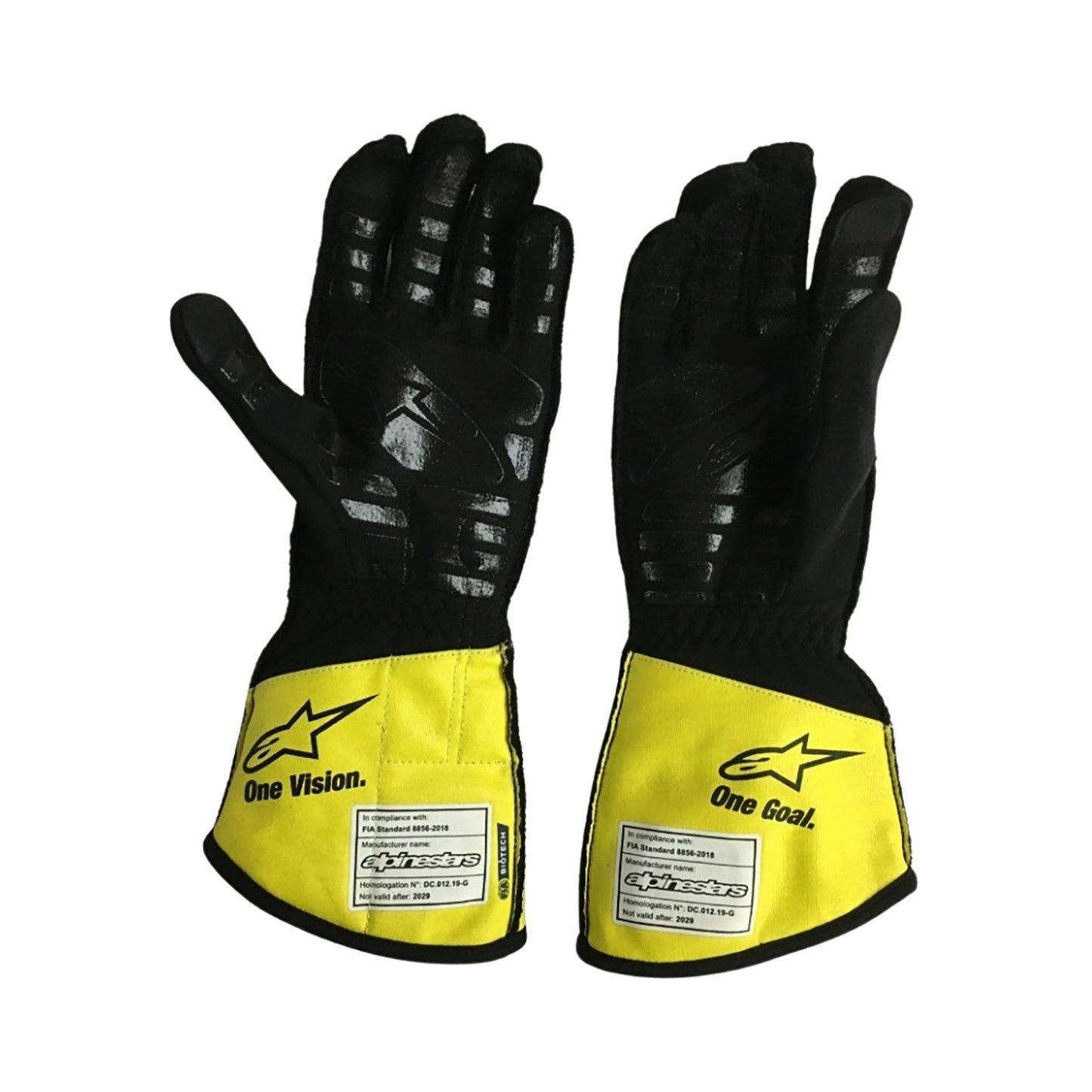 Yellow Esteban Ocon 2020 Renault F1 Race Gloves shown side-on, highlighting the wrist strap and grip texture for grand prix use