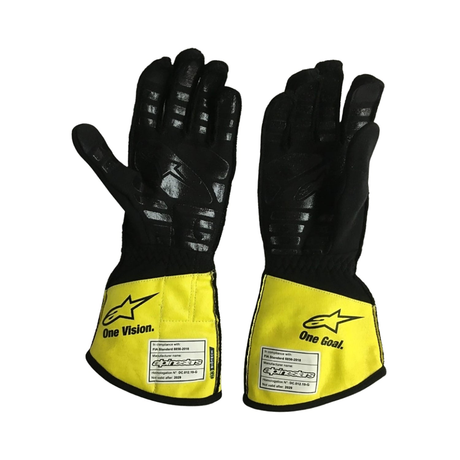 Yellow Esteban Ocon 2020 Renault F1 Race Gloves shown side-on, highlighting the wrist strap and grip texture for grand prix use