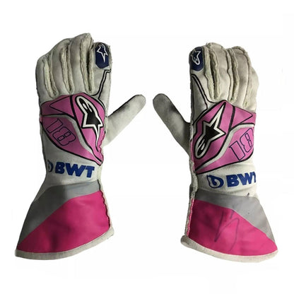 White Lance Stroll 2020 Racing Point F1 Race Gloves laid flat, front view, showing the full racing design and replica stitching