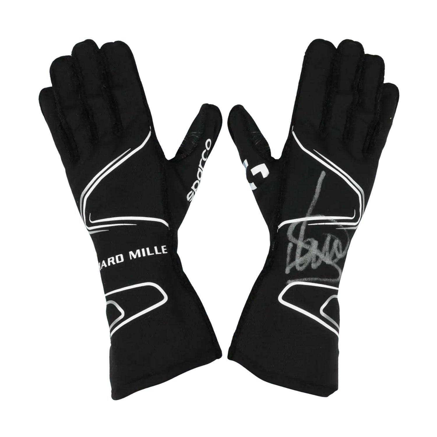 Black Lando Norris 2020 McLaren F1 Replica Race Gloves laid flat, front view, showing the full racing design and replica stitching