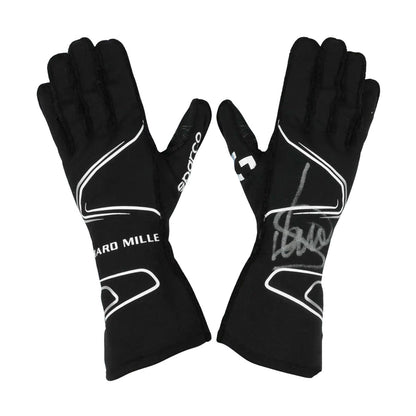 Black Lando Norris 2020 McLaren F1 Replica Race Gloves laid flat, front view, showing the full racing design and replica stitching