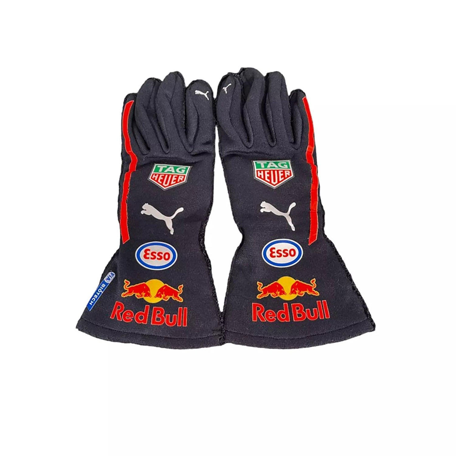 Blue Max Verstappen 2020 Red Bull F1 Race Gloves laid flat, front view, showing the full racing design and replica stitching