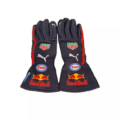 Blue Max Verstappen 2020 Red Bull F1 Race Gloves laid flat, front view, showing the full racing design and replica stitching