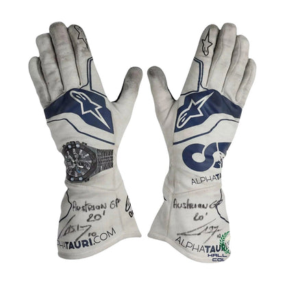 White Pierre Gasly 2020 AlphaTauri F1 Race Gloves Replica laid flat, front view, showing the full racing design and replica stitching
