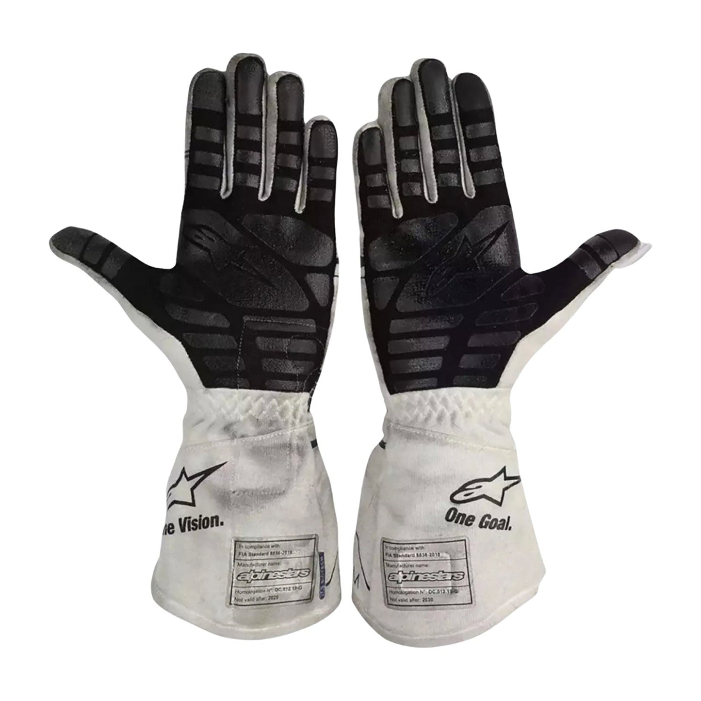 White Pierre Gasly 2020 AlphaTauri F1 Race Gloves Replica shown side-on, highlighting the wrist strap and grip texture for grand prix use