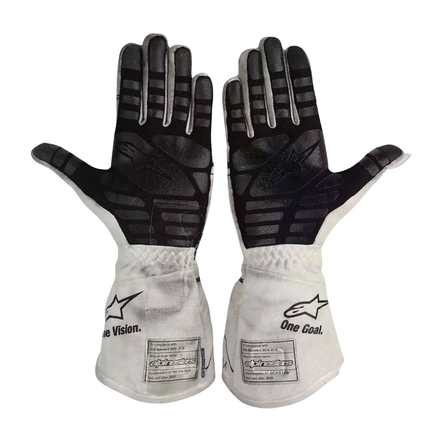 White Pierre Gasly 2020 AlphaTauri F1 Race Gloves Replica shown side-on, highlighting the wrist strap and grip texture for grand prix use