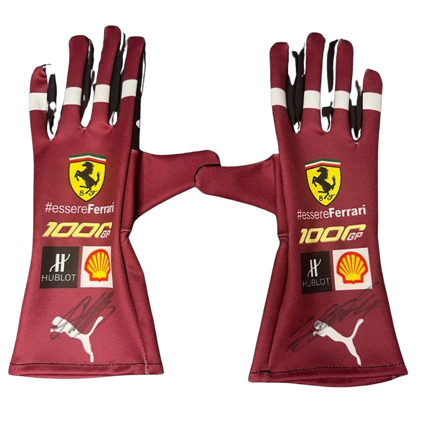 Red Sebastian Vettel 2020 Ferrari F1 Race Gloves Replica laid flat, front view, showing the full racing design and replica stitching