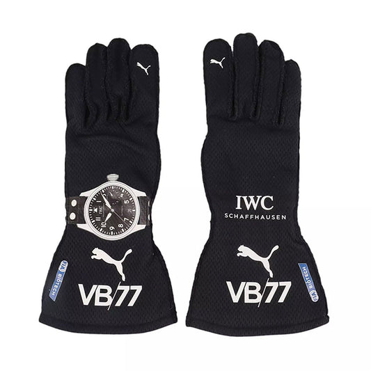Black Valtteri Bottas 2020 Mercedes F1 Race Gloves laid flat, front view, showing the full racing design and replica stitching