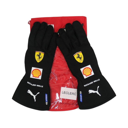 Black Charles Leclerc 2021 Ferrari F1 Race Gloves Replica laid flat, front view, showing the full racing design and replica stitching
