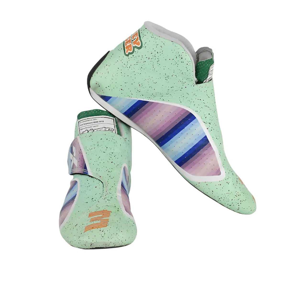 white fan footwear from the 2021 season, with neat stitching and a sleek racing shape. A neat match for a printed race suit or fan attire.