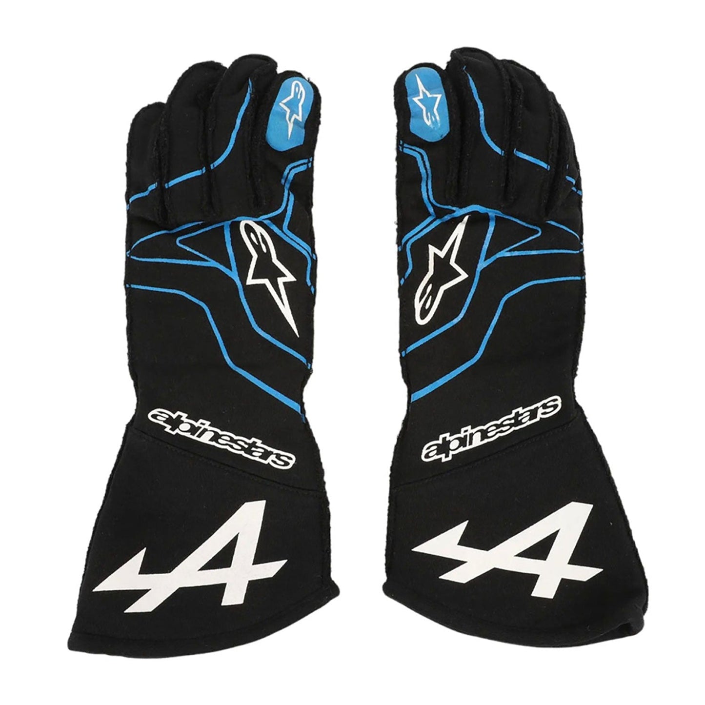 Black Esteban Ocon 2021 Alpine F1 Race Gloves laid flat, front view, showing the full racing design and replica stitching