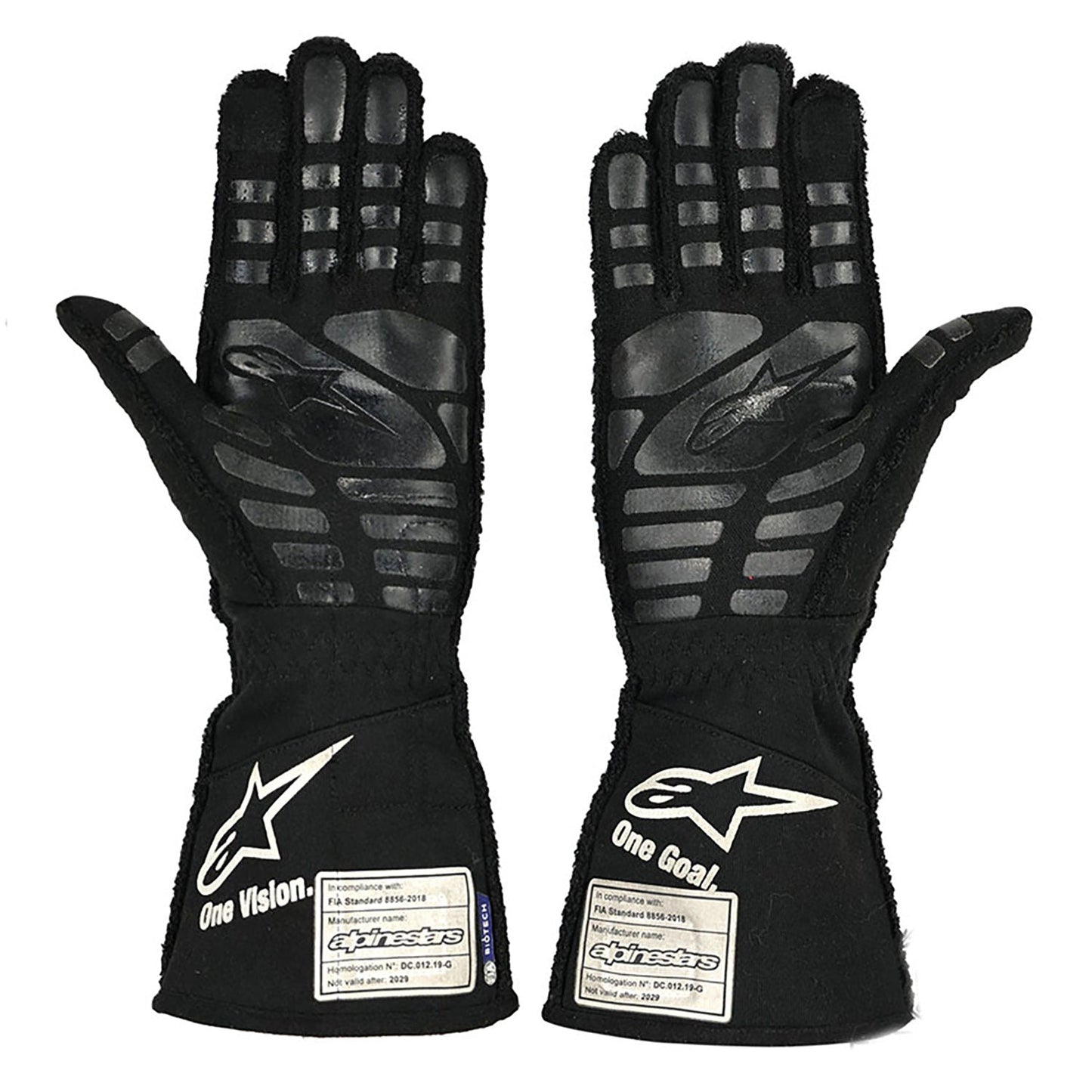 Black Esteban Ocon 2021 Alpine F1 Race Gloves shown side-on, highlighting the wrist strap and grip texture for grand prix use