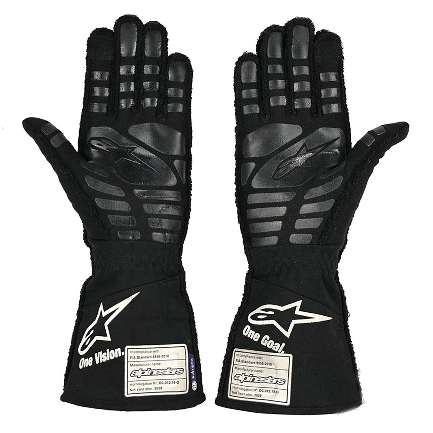 Black Esteban Ocon 2021 Alpine F1 Race Gloves shown side-on, highlighting the wrist strap and grip texture for grand prix use