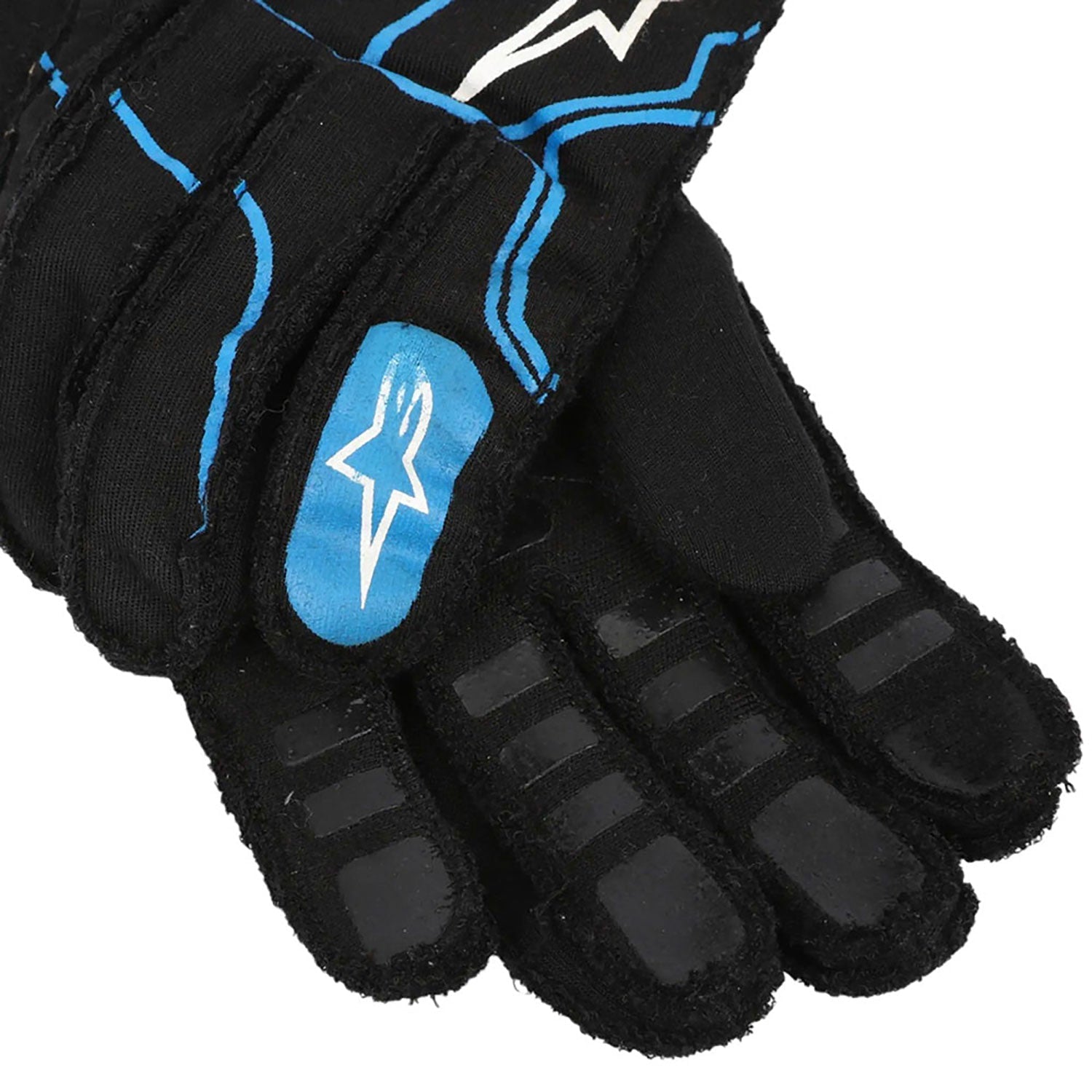 Black Esteban Ocon 2021 Alpine F1 Race Gloves in close-up detail, showing the palm grip pattern used in GP racing conditions