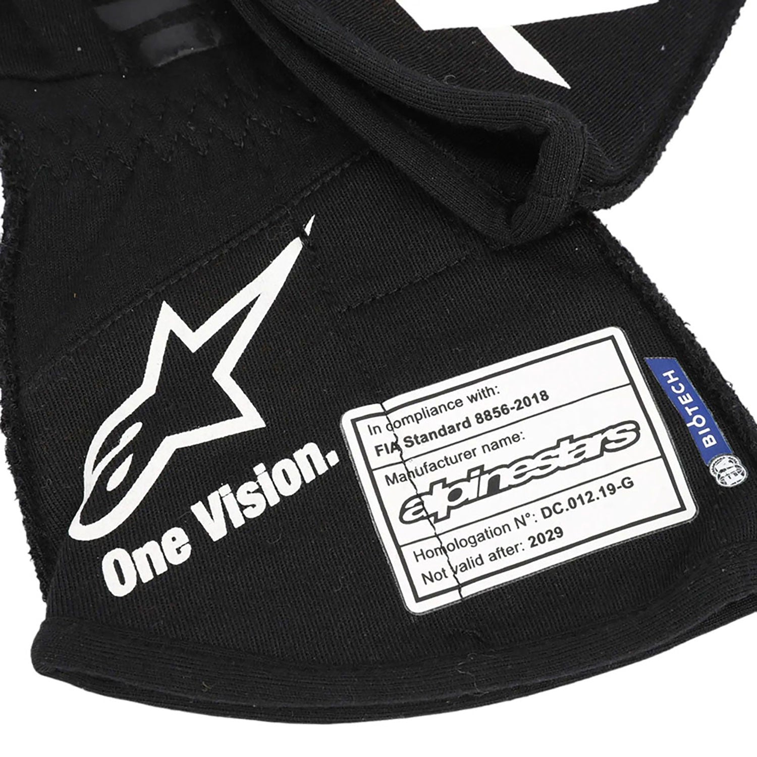 Black Esteban Ocon 2021 Alpine F1 Race Gloves laid flat, front view, showing the full racing design and replica stitching