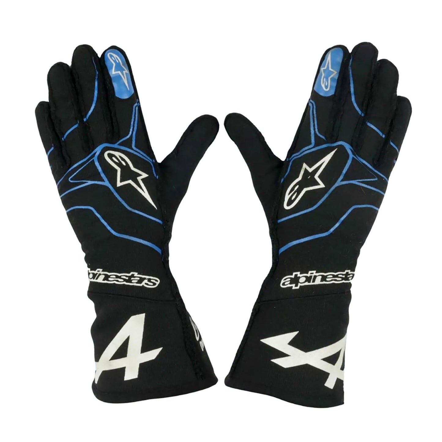 Black Fernando Alonso 2021 Alpine F1 Race Gloves laid flat, front view, showing the full racing design and replica stitching