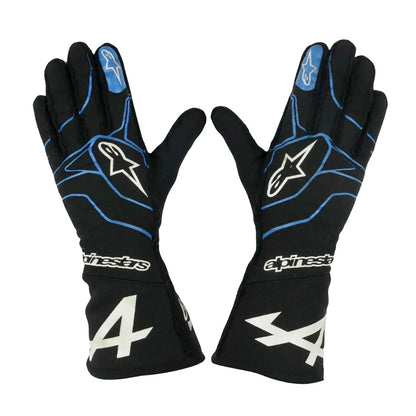 Black Fernando Alonso 2021 Alpine F1 Race Gloves laid flat, front view, showing the full racing design and replica stitching