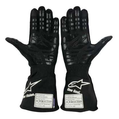 Black Fernando Alonso 2021 Alpine F1 Race Gloves shown side-on, highlighting the wrist strap and grip texture for grand prix use