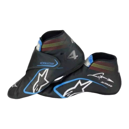 Fernando Alonso printed race attire footwear, with neat stitching and a sleek racing shape. Race day attire footwear that matches any racing jumpsuit.