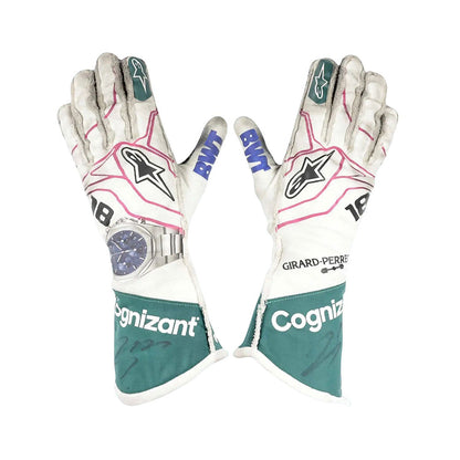 White Lance Stroll 2021 Aston Martin F1 Replica Race Gloves laid flat, front view, showing the full racing design and replica stitching
