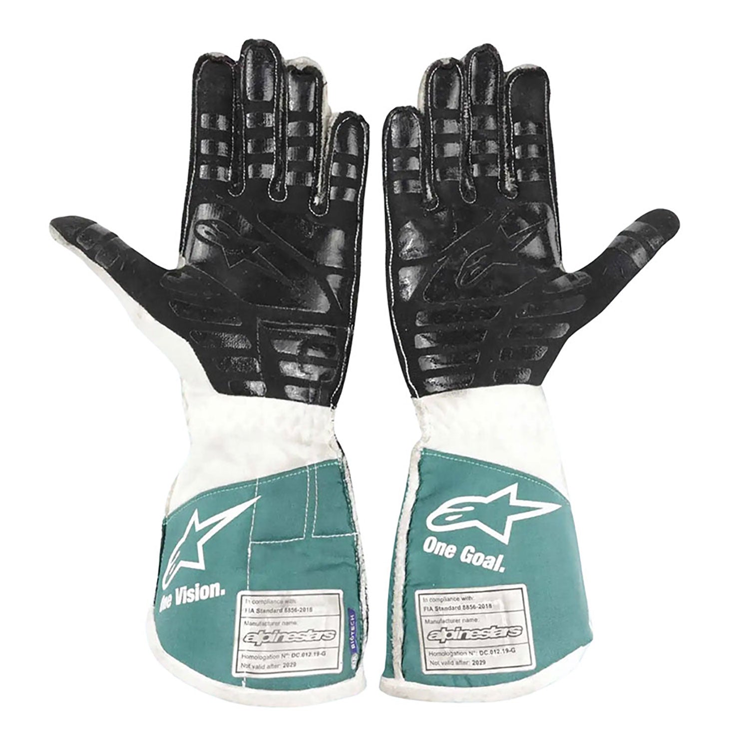 White Lance Stroll 2021 Aston Martin F1 Replica Race Gloves shown side-on, highlighting the wrist strap and grip texture for grand prix use