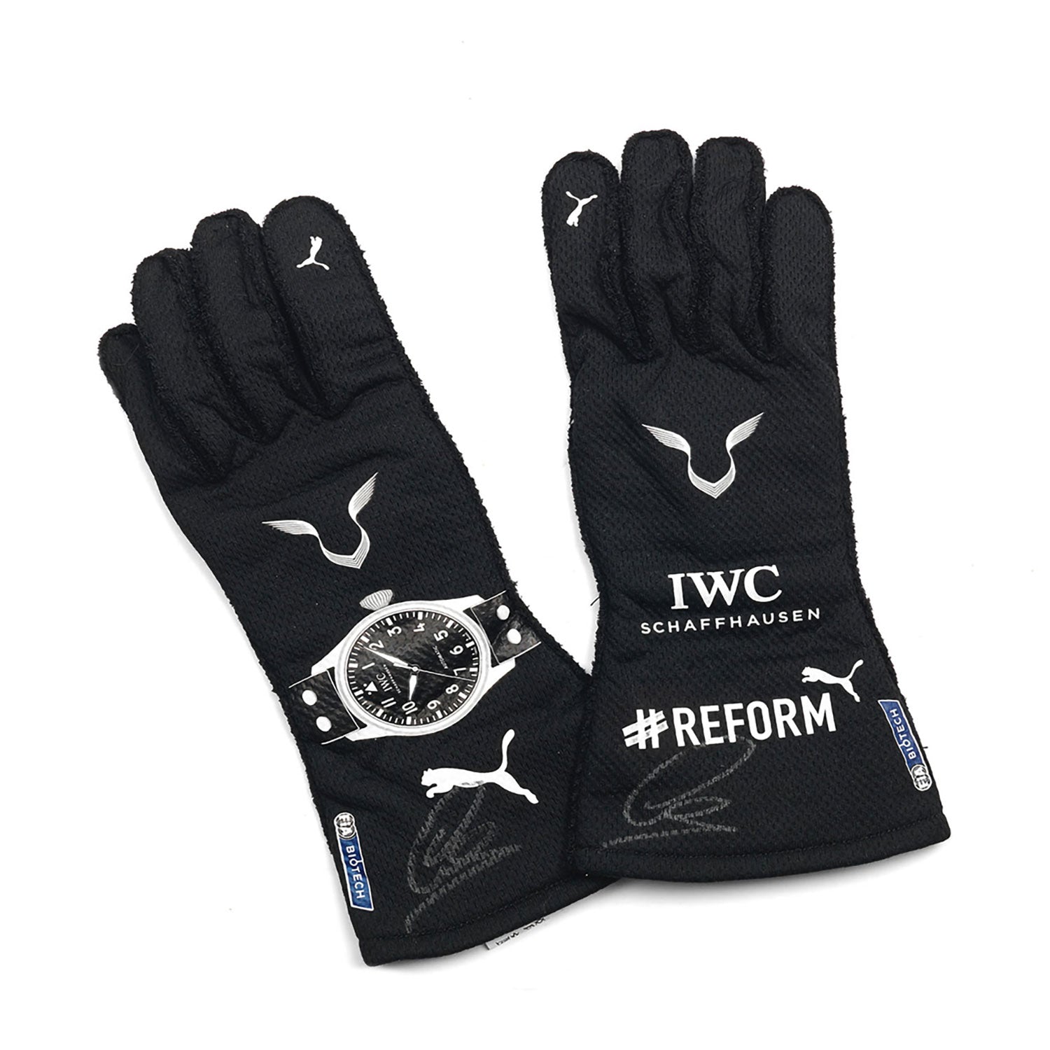 Black Lewis Hamilton 2021 Mercedes F1 Race Gloves laid flat, front view, showing the full racing design and replica stitching