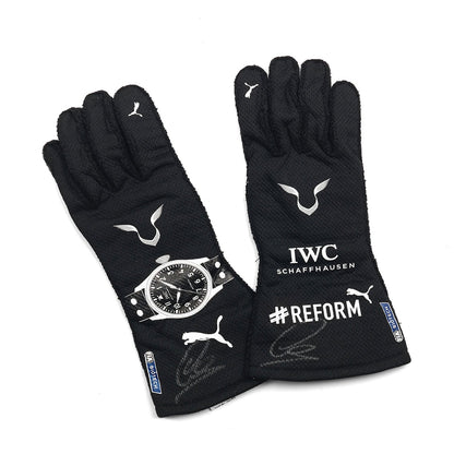 Black Lewis Hamilton 2021 Mercedes F1 Race Gloves laid flat, front view, showing the full racing design and replica stitching