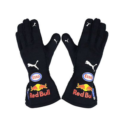 Black Max Verstappen 2021 Red Bull F1 Replica Race Gloves laid flat, front view, showing the full racing design and replica stitching