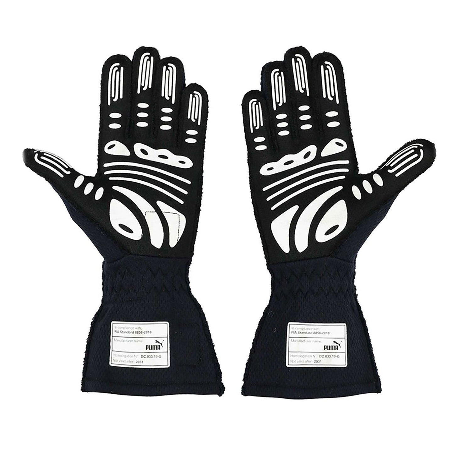 Black Max Verstappen 2021 Red Bull F1 Replica Race Gloves shown side-on, highlighting the wrist strap and grip texture for grand prix use