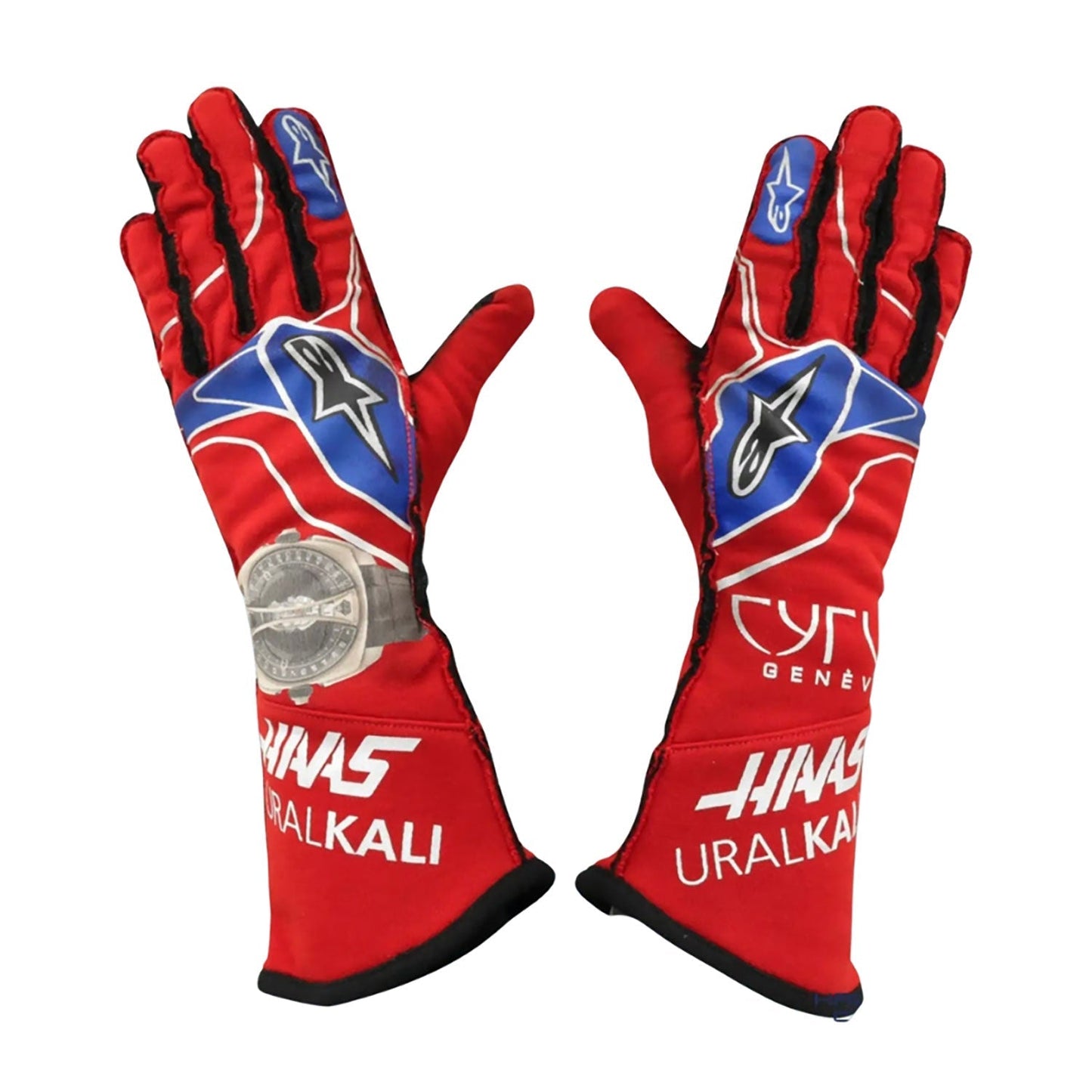 Red Nikita Mazepin 2021 Haas Mexico GP F1 Race Gloves laid flat, front view, showing the full racing design and replica stitching